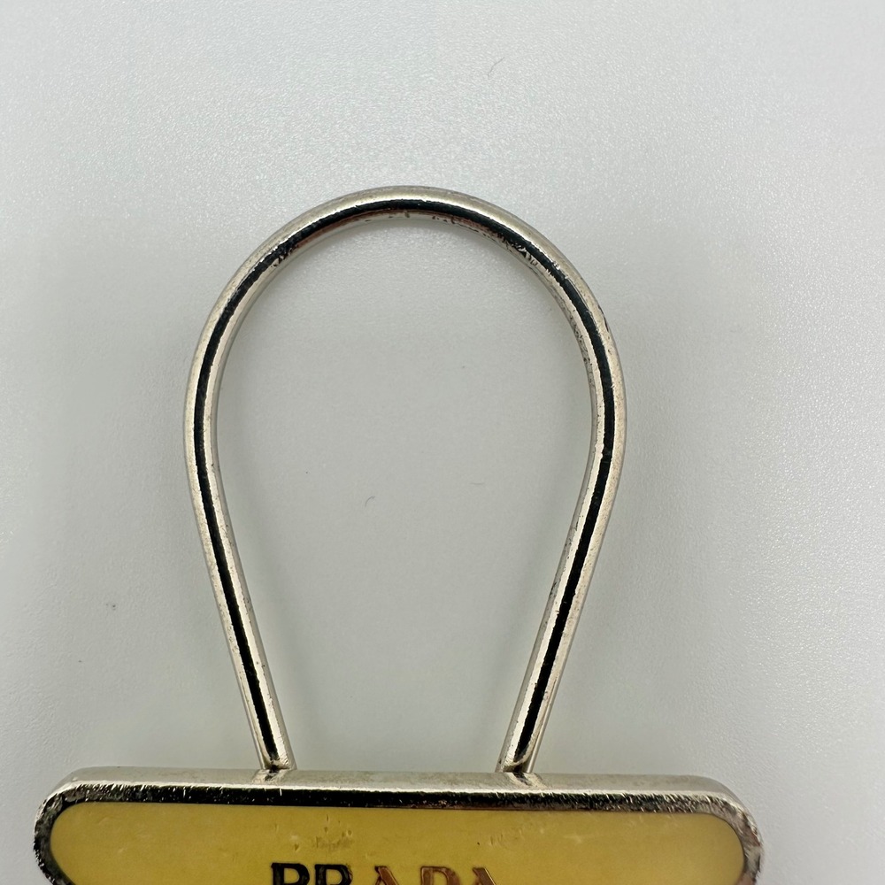 Authentic Prada Triangle Logo Key Ring Keychain Yellow Enamel Silver Tone - Picture 5 of 11